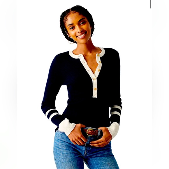 FAHERTY MIKKI ORGANIC COTTON/CASHMERE SWEATER HENLEY RIBBED TOP NAVYEUC SIZE XXL - Picture 1 of 10